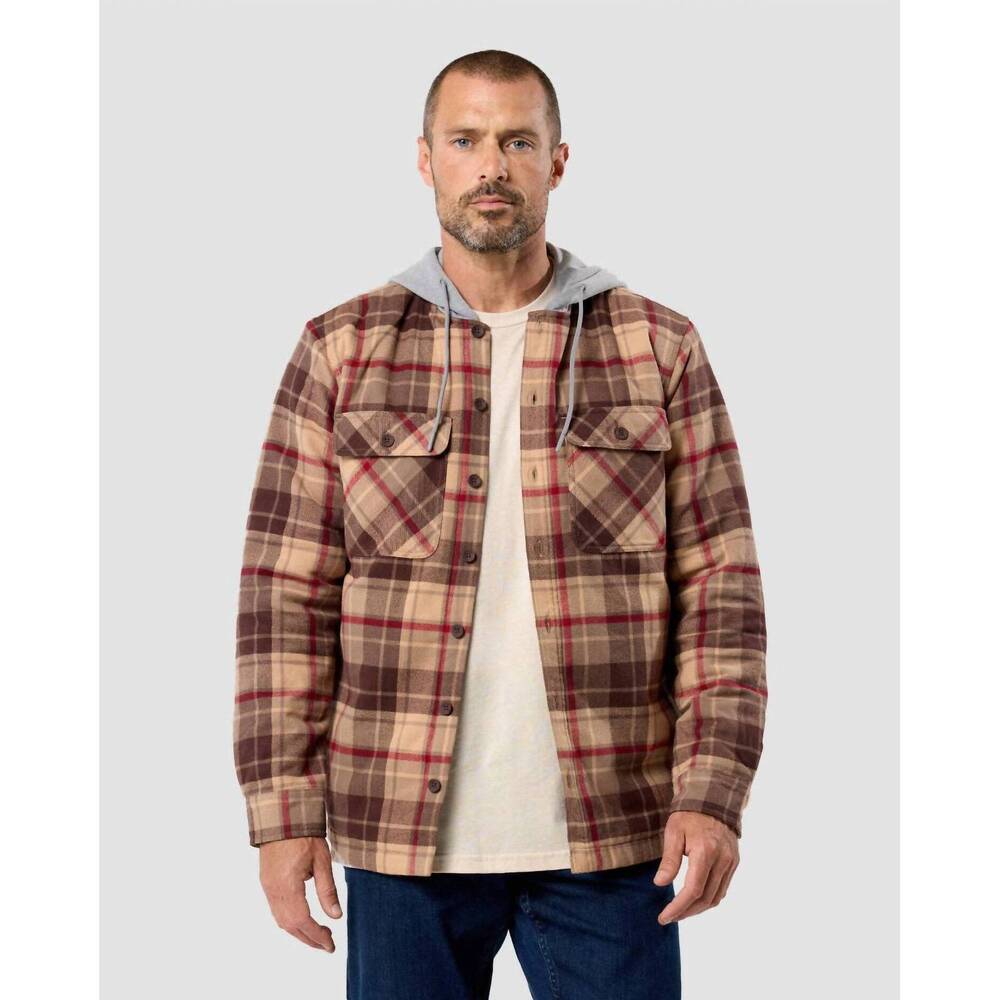 NEW INTO THE AM men's hooded flannel zip-up shirt jacket in beige multi plaid